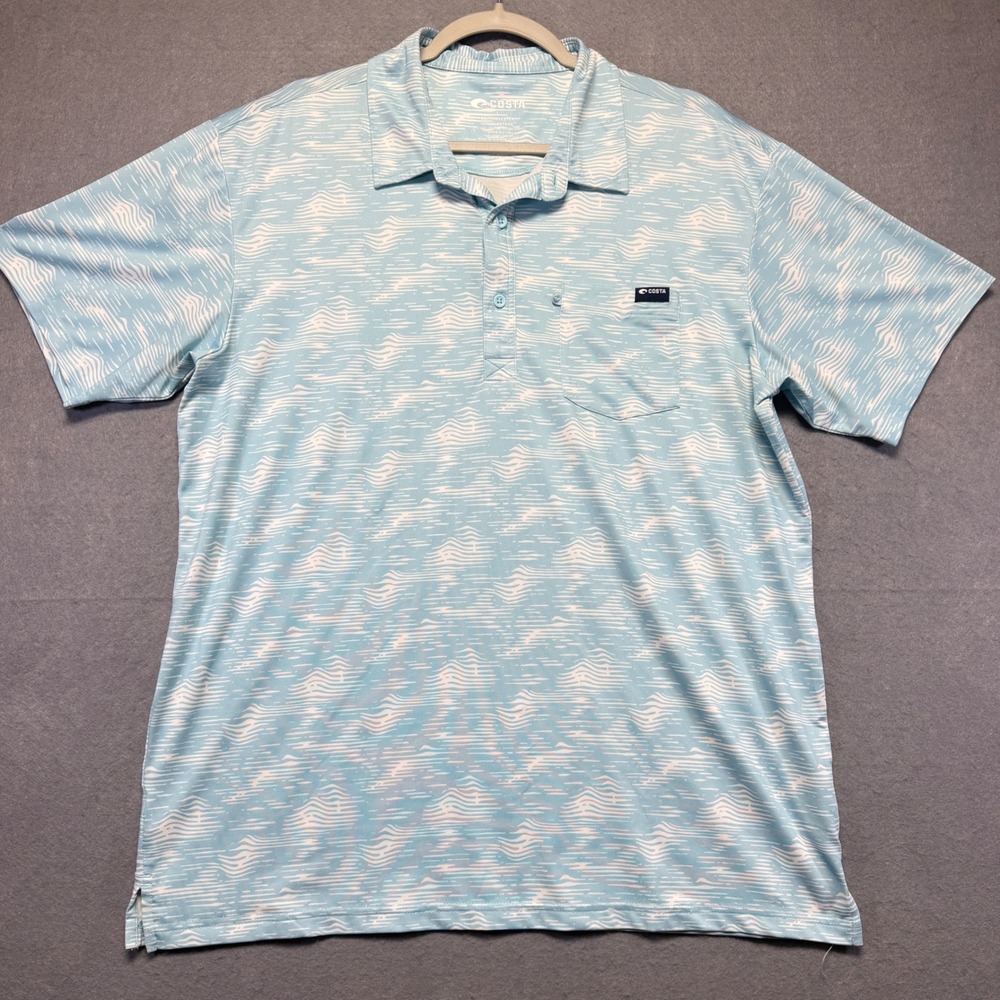 Costa Del Mar Mens Large Blue White Wave Print Performance Polo Shirt Short Slv